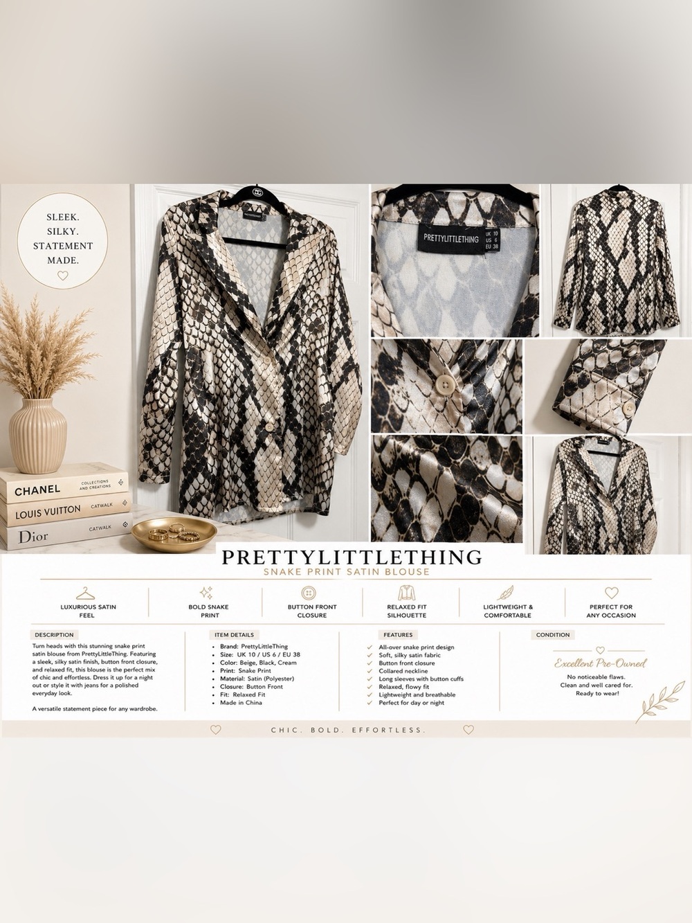 PRETTYLITTLETHING Beige Black Cream Snake Print Satin Blouse